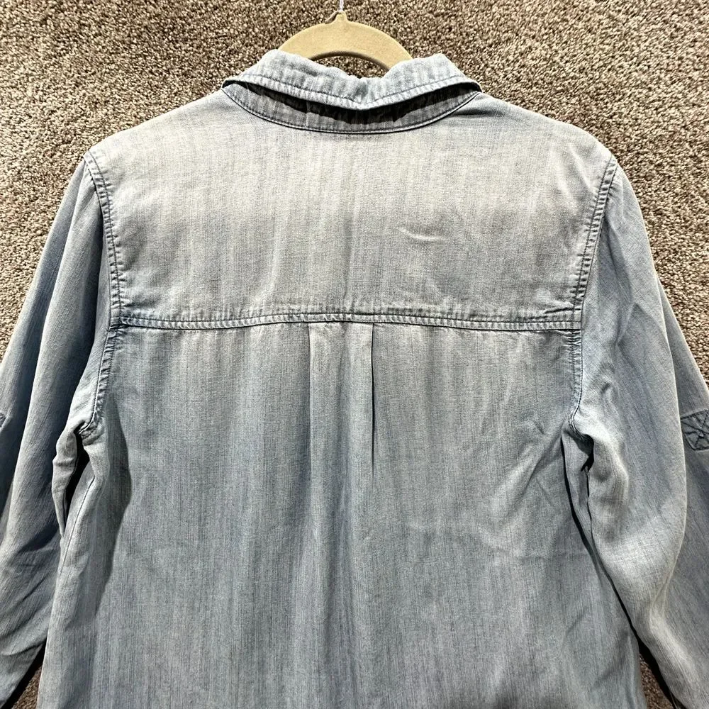 Cloth & Stone Adalie Shirt Dress Small Blue Lyocell Roll Tab Sleeve V Neck Tunic - Picture 5 of 9